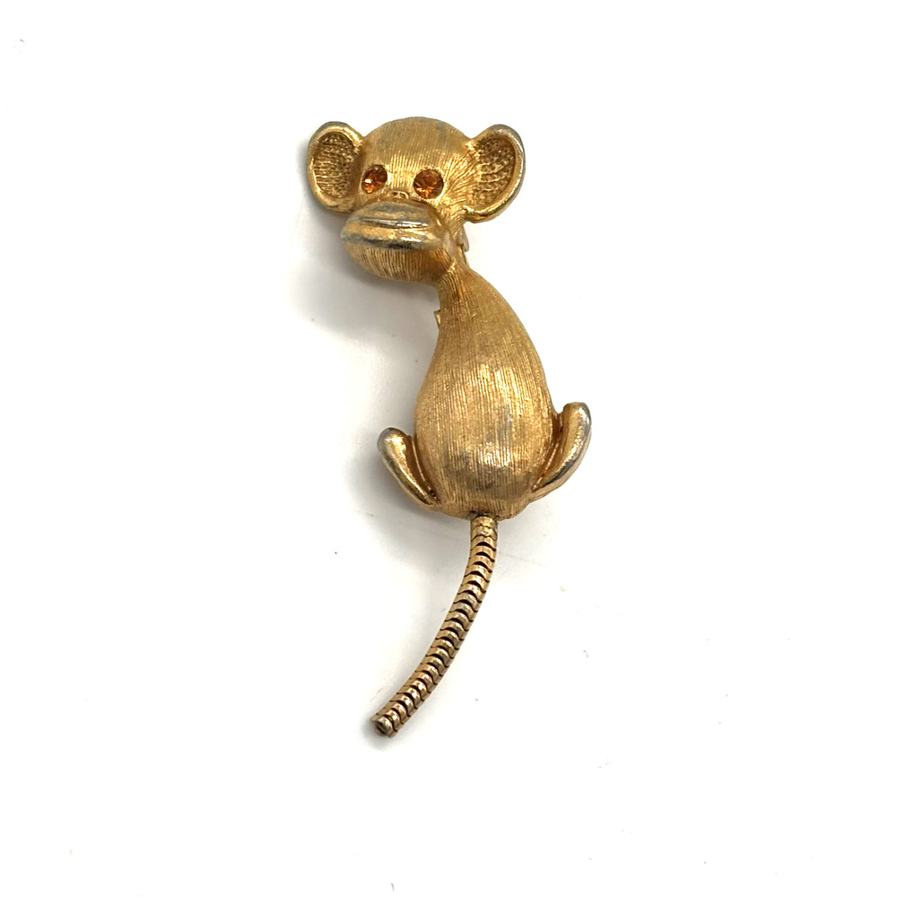 Vtg Gold Monkey Brooch Pin Pendant yellow rhinestone eyes Hanging Tail whimsical